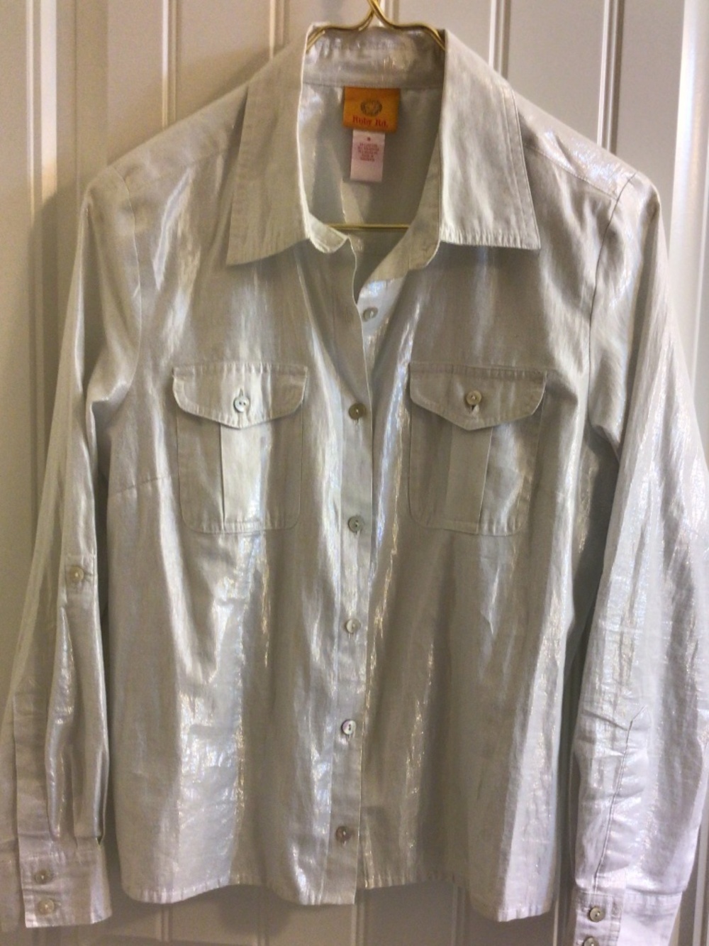 Ruby Rd Gray Metallic Silver Shimmery Front Button-down Shirt Size 8